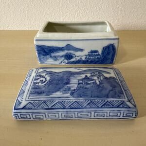 Vintage Blue White Chinoiserie Trinket Box Mid-Century Porcelain Village Scene